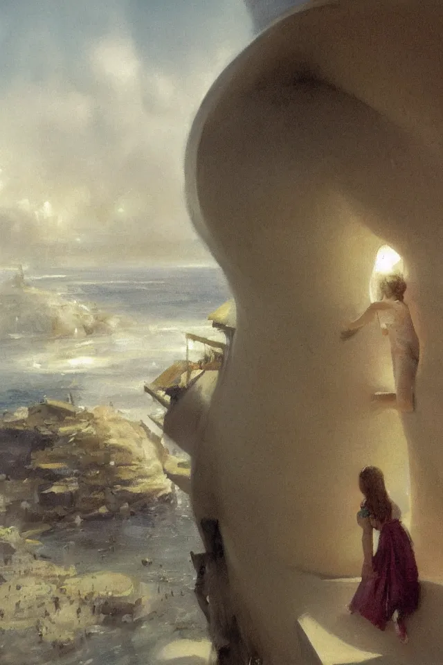 Prompt: painting of a giant seashell house, a young girl stares from the balcony, by john harris, atmospheric, concept art