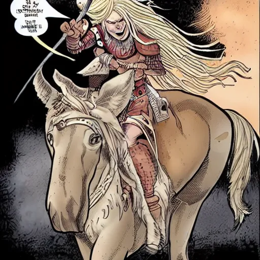 Image similar to an albino viking woman riding a war horse by Humberto Ramos and Mark Robinson,