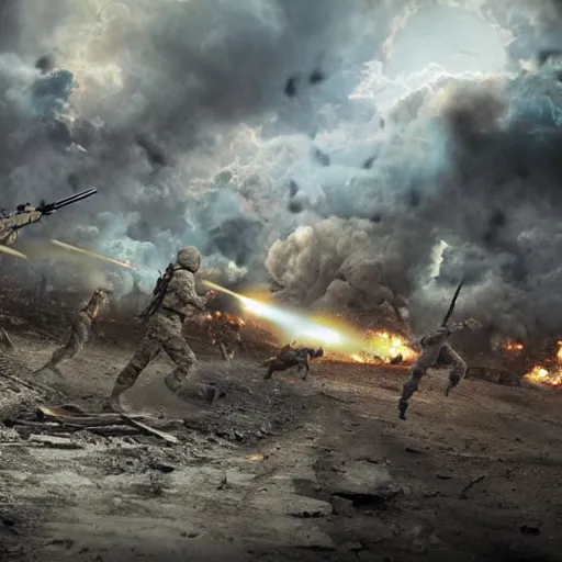 Image similar to hyper realism, realistic apocalyptic war scene, explosions, soldiers running
