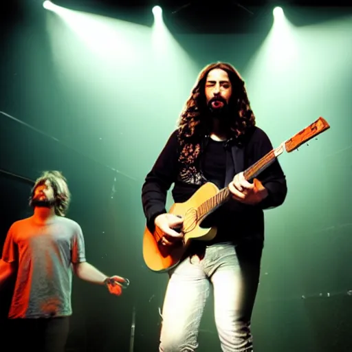 Image similar to Jesus Christ in a rock band, singing on stage, dynamic lighting, dynamic pose
