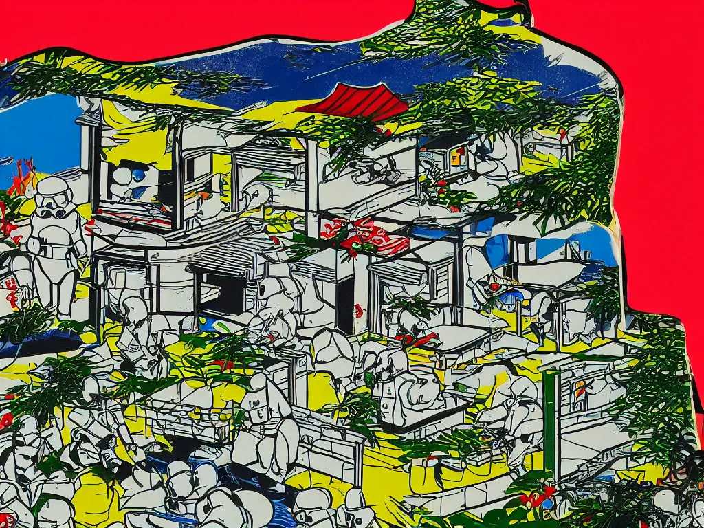 Prompt: detailed close - up image of the japanese home with a garden and a pond, 2 stormtroopers sitting around it, pop - art style, jacky tsai style, andy warhol style, roy lichtenstein style, rich palette, acrylic on canvas