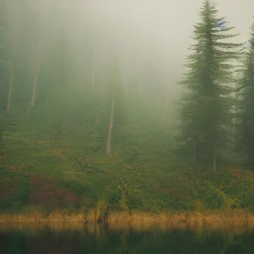 Prompt: a lake with will o wisps in a foggy forest, 500px, photography