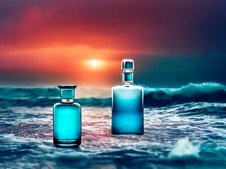 Image similar to cinestill 5 0 d surreal photography of perfume bottle emerging from swirling ocean waves and marmelade sunset sky / 4 style of nicholas fols, 2 0 0 mm, mute dramatic colours, soft blur outdoor stormy sea background, volumetric lighting, hyperdetailed, hyperrealistic