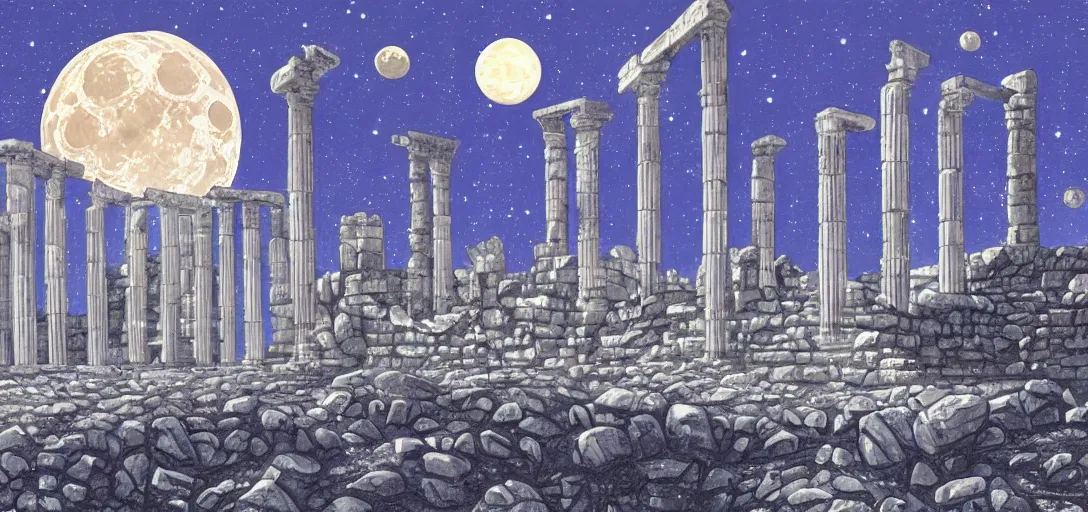 Image similar to The ruins of the Silver Millennium on the moon from Sailor Moon, digital painting, planet Earth in the distance, Greek-esque columns and ruins