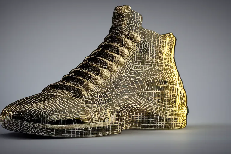 Image similar to one wire mesh hightop sneaker with neon illuminated soles on a white surface, clean 3 d render, beautiful studio lighting, soft, sharp focus, cyberpunk, intricate detail, gold filigree, art by iris van herpen and syd mead