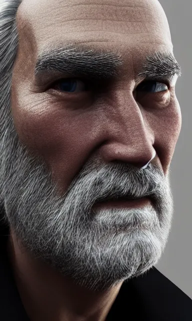 Prompt: face closeup covered with 5 0 year old man, grey beard, long grey hair, symmetric face, 3 d render, hyper - realistic detailed portrait, ruan jia, wlop