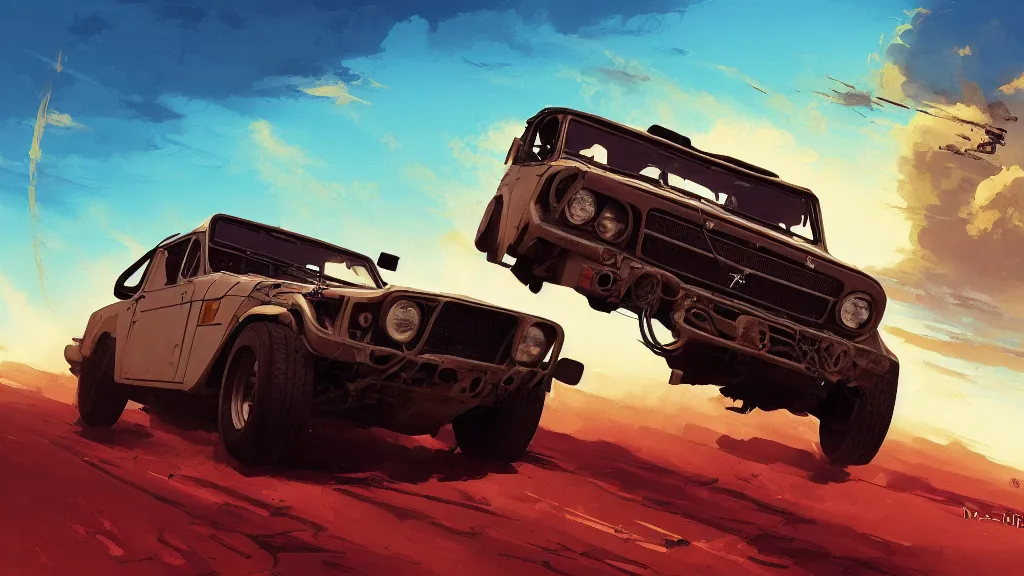 Image similar to digital illustration of mad max's fj 4 0 pursuit special, the last v 8 interceptor driving down a deserted valhalla highway in the middle of the day by studio ghibli, anime style year 2 0 9 3, by makoto shinkai, ilya kuvshinov, lois van baarle, rossdraws, basquiat