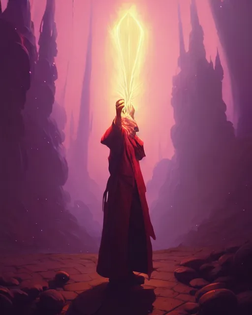 Image similar to highly detailed vfx portrait of an old mage casting a light spell, unreal engine, greg rutkowski, loish, rhads, beeple, makoto shinkai and lois van baarle, ilya kuvshinov, rossdraws, tom bagshaw, alphonse mucha, global illumination, detailed and intricate environment