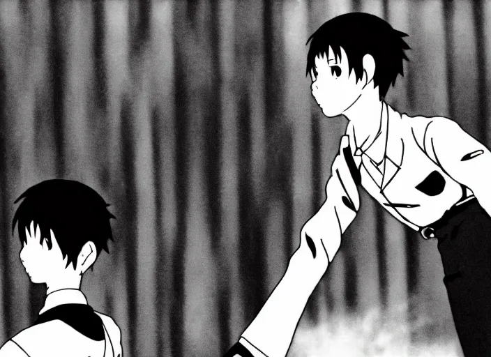 Image similar to black and white anime screenshot from studio ghibli's schindler's list