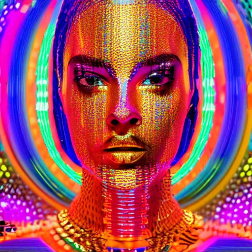 Image similar to hyperdetailed masterpiece portrait of a glossy golden metallic statue of a woman covered in colorful glowing digital circuits and hexagons, symmetrical, in the style of virgil abloh, offwhite, heron prestorn, denoise, vogue, paris, fashion, louvre museum, highly detailed, realistic, hyperreal, 8 k, render