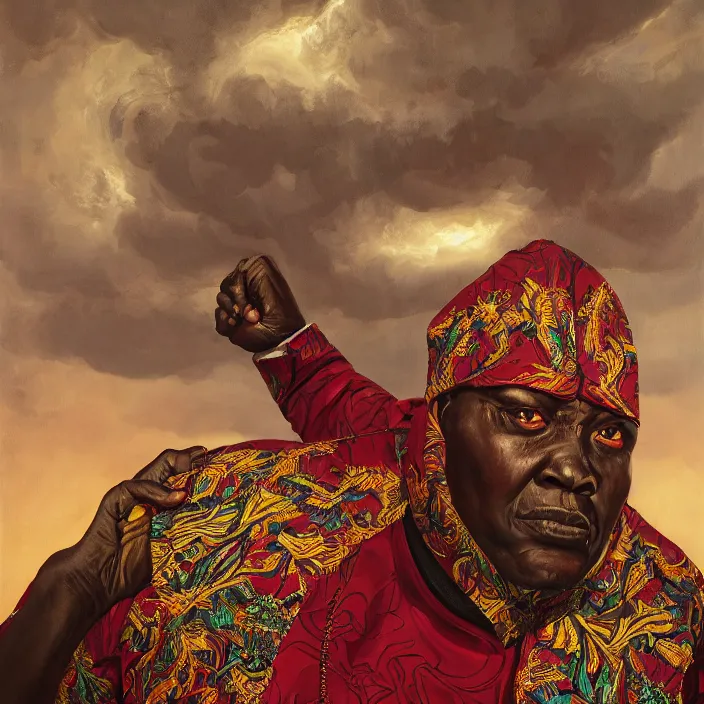 Image similar to a painting of a XXL wise elder from Kenya in a suit by Kehinde Wiley . dramatic angle, ethereal lights, details, smooth, sharp focus, illustration, realistic, cinematic, artstation, award winning, rgb , unreal engine, octane render, cinematic light, macro, depth of field, blur, red light and clouds from the back, highly detailed epic cinematic concept art CG render made in Maya, Blender and Photoshop, octane render, excellent composition, dynamic dramatic cinematic lighting, aesthetic, very inspirational, arthouse.