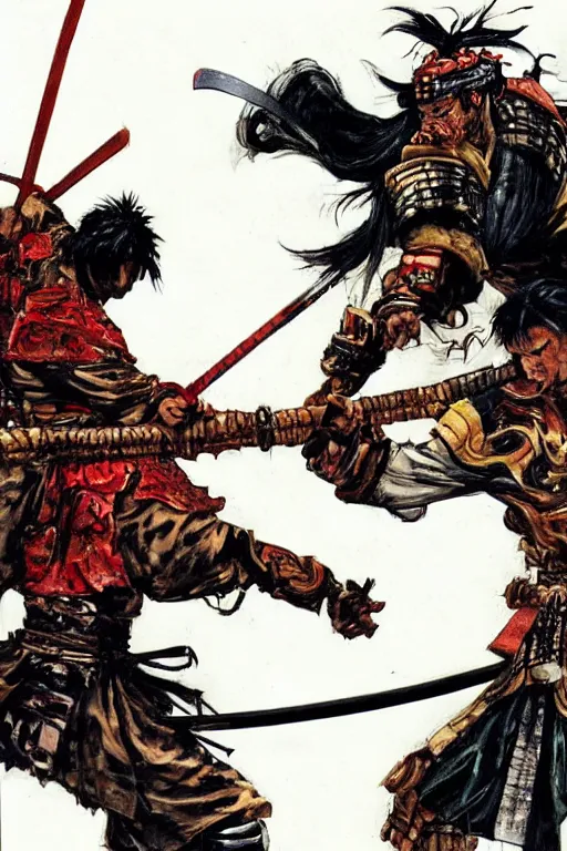 Prompt: samurai duel by mark zug, simon bisley and Daryl Mandryk