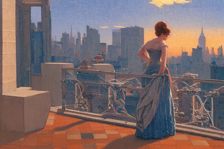 Prompt: painting of a lady, in a rooftop, watching new york, beautiful, sunset, romantic, by ludwig deutsch and maxfield parrish, patterned tilework, extremely detailed, cinematic lighting, smooth sharp focus