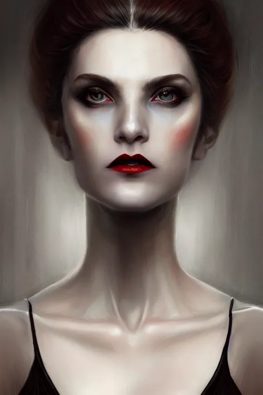 Image similar to a photorealistically painted portrait of lady vampire, dressed in a suit, perfectly symmetric face!!!, beautiful eyes!!, digital painting, concept art, minimal artifacts, volumetric lighting, Artgerm and William-Adolphe Bouguerea, in the style of Tom Bagshaw, trending on Artstation, award winning art