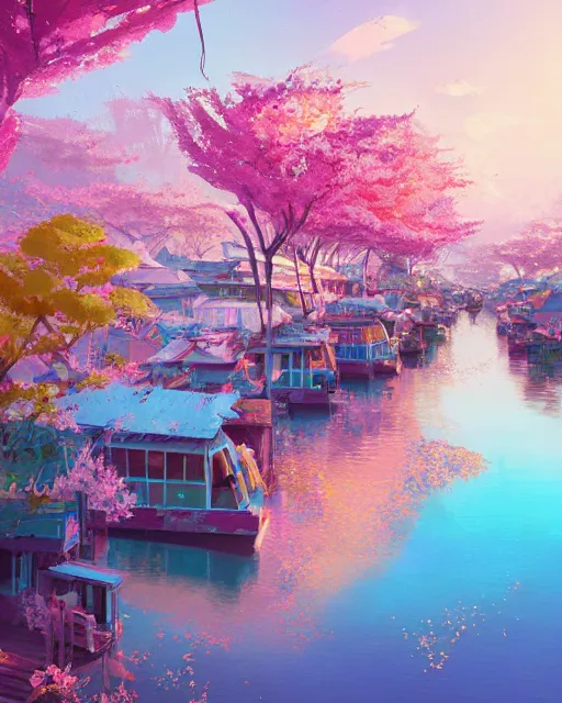 Image similar to a village of houseboats on the river | cherry - blossoms | highly detailed | very intricate | serene romantic fantasy whimsical magical | professional cinematic lighting | bokeh | dusk | studio ghibli | award - winning | matte painting by anton fadeev and paul lehr and rhads and alena aenami | pastel color palette | featured on artstation