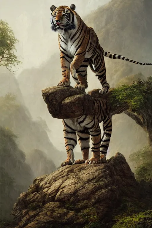 Image similar to a humanoid muscular tiger king stands on a rock by greg rutkowski, magic realism, hyper realistic, 2 0 0 mm lens