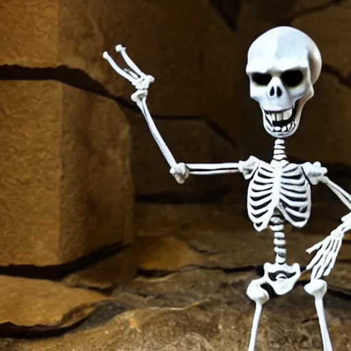 Prompt: skeleton character does his victory dance in the dungeon, claymation, stop motion, dimly lit, highly detailed