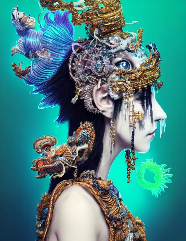 Image similar to 3 d goddess close - up profile portrait with crown, ram skull. beautiful intricately detailed punk japanese crow kitsune mask and clasical japanese kimono. betta fish, jellyfish phoenix, bio - luminescent, plasma, ice, water, wind, creature, artwork by tooth wu and wlop and beeple and greg rutkowski