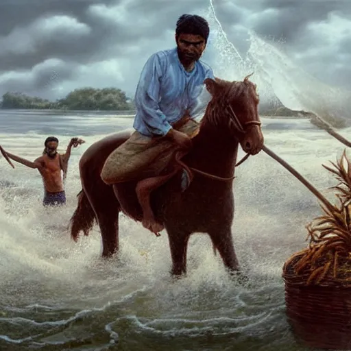 Image similar to water body, single bangla farmer fighting on hoseback, hand to hand combat with machete, wielding machete, full body view, long flowing water hair, fighting for his life, stormy ocean surrounding subject, horseback combat attacker foreground, background of invading army, nestor canavarro hyperrealist art style, sharp outlines