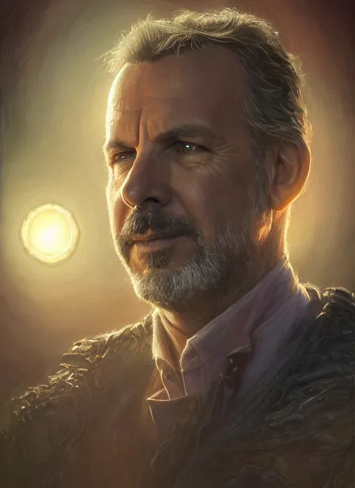 Image similar to kevin costner as oscar diggs, intricate, d & d, wizard, fantasy, art nouveau, digital painting, trending on artstation, sharp focus, wide shot, illustration, global illumination, ray tracing, art by artgerm and greg rutkowski and ruan jia