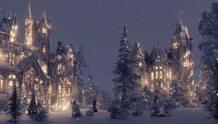 Image similar to Neo-Gothic castle with Christmas light built in a middle of a snowy land with illuminated mountains far behind at night, Christmas trees and snowmen outside hyperdetailed, artstation, cgsociety, 8k