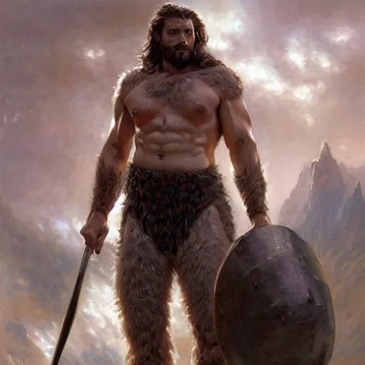 Image similar to a fierce and muscular male warrior in full armor, handsome, hairy torso, fantasy character portrait by greg rutkowski, gaston bussiere, craig mullins, simon bisley