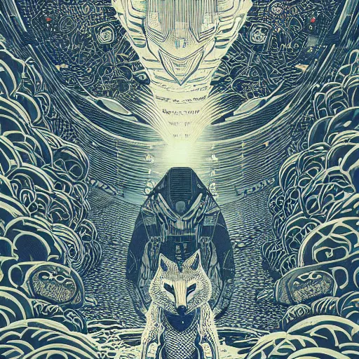 Image similar to fox and a robot by woodblock print, nicolas delort, moebius, victo ngai, josan gonzalez, kilian eng