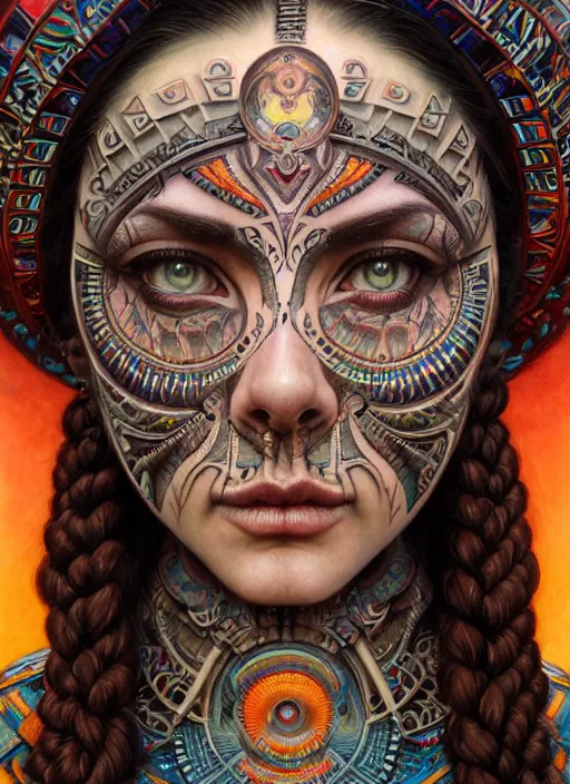 Image similar to hyper detailed masterpiece beautiful aztec face tattoo girl by donato giancola and tom bagshaw, face by artgerm and edmund leighton, and h. r. giger, trending on artstation, colorful, psychedelic aesthetic, ornate, background by james jean, 8 k, biomechanical, majestic, volumetric lighting, porcelain skin, concept art, sharp focus