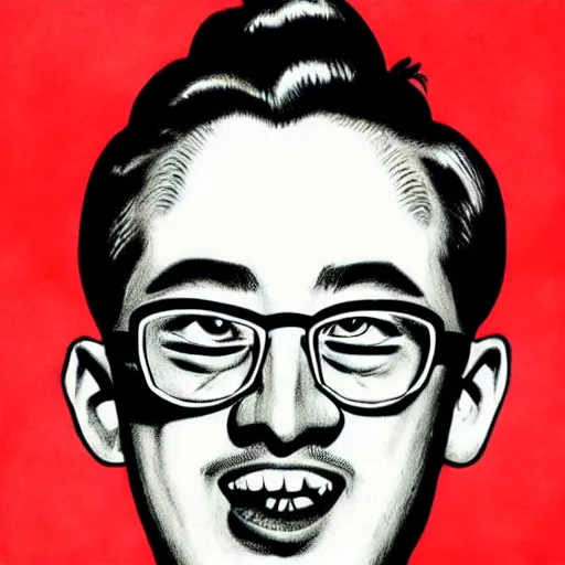 Prompt: A 1950s Style Comic-Like Drawing of Filthy Frank, grainy, realistic, hyperrealistic, very realistic, very very realistic, highly detailed, very detailed, extremely detailed, detailed, digital art, trending on artstation, detailed face, very detailed face, very detailed face, realism, HD Quality, 8k resolution, intricate details, body and head in frame, drawing, inked drawing, comic drawing, neat drawing, 1950s, 50s, in the style of Frank Hampson, in the style of Frank Bellamy, in the style of Dave Gibbons, in the style of Don Lawrence, in the style of Wally Wood