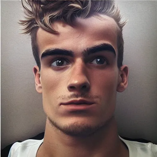 Image similar to “ a realistic detailed photo of a guy who is an attractive humanoid who is half robot and half humanoid, who is a male android, soccer player antoine griezmann, shiny skin, posing like a statue, blank stare, on the bed, on display ”