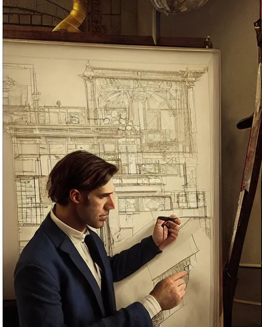 Image similar to very attractive male architect looks over blueprints of his latest work, melancholy, nostalgia, painting by gaston bussiere, craig mullins, j. c. leyendecker