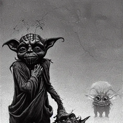 Image similar to horror goblin yoda, black blood dripping, creepy background, by john kenn mortensen and zdizslaw beksinski