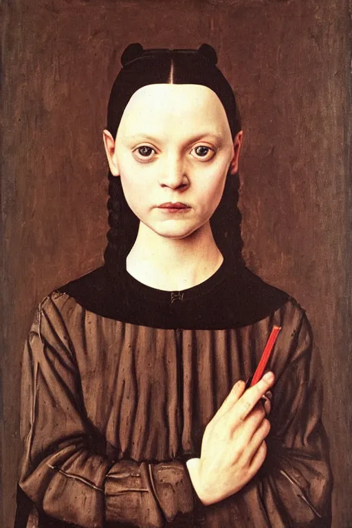 Image similar to portrait of wednesday addams, oil painting by jan van eyck, northern renaissance art, oil on canvas, wet - on - wet technique, realistic, expressive emotions, intricate textures, illusionistic detail