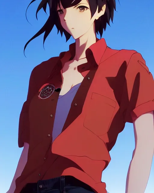 Image similar to makoto shinkai, artgerm, yoji shinkawa, ilya kuvshinov, beautiful anime woman, wearing full clothing, red shirt brown pants, clockpunk, black and red hair hair, symmetrical face, symmetrical eyes, full round face, short smile, detailed, summer setting, cinematic lighting