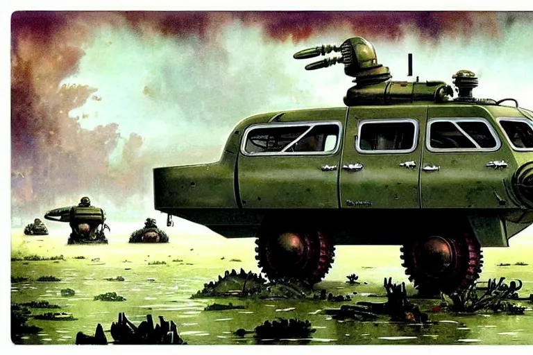 Prompt: 1 9 5 0 s retro future robot army amphibious vehical home. muted colors, swamp mushrooms by jean baptiste monge, chrome red
