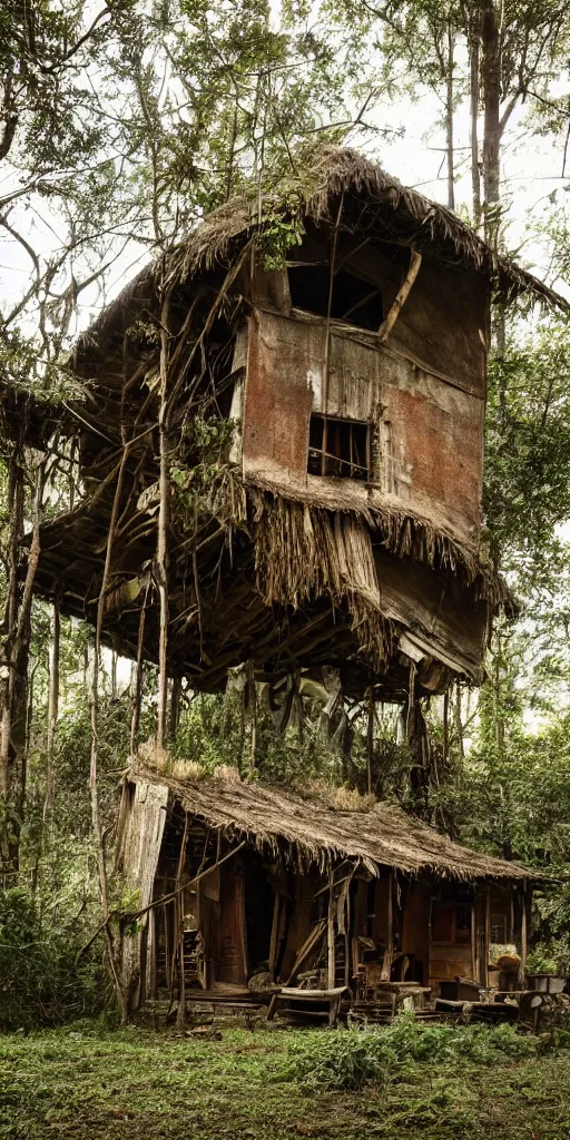 Prompt: a cinematic movie shot of a rustic multi-story ramshackle hut in the magical forest