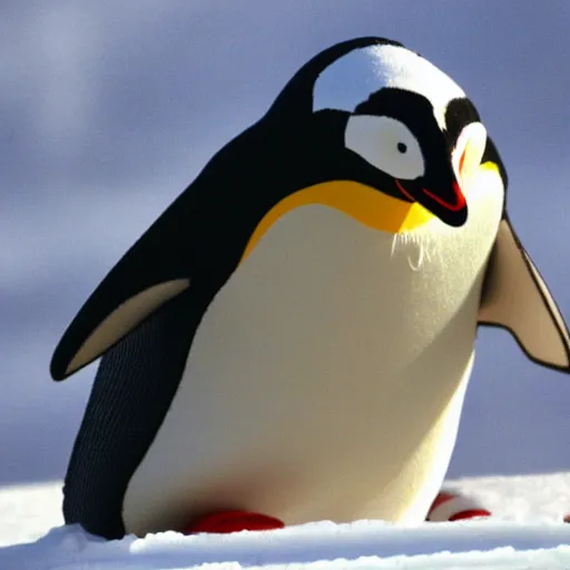Prompt: penguin (on skis) skiing on snow, snowy mountain background, snowing