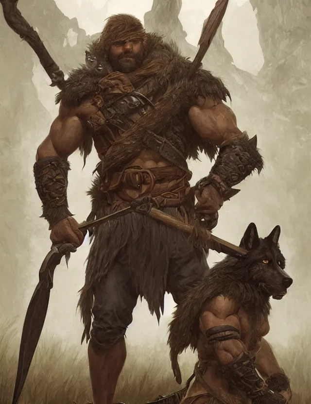 Prompt: portrait of a gruff ranger with a spear, accompanied by a black wolf, muscular, handsome face, hairy body, D&D, fantasy, intricate, elegant, highly detailed, digital painting, artstation, concept art, matte, sharp focus, illustration, art by Artgerm and Greg Rutkowski and Alphonse Mucha