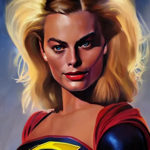 Prompt: ultra realistic portrait painting of margot robbie as supergirl, art by frank frazetta, 4 k, ultra realistic, highly detailed, epic lighting.