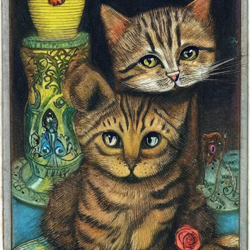 Image similar to a cat and mouse, fantasy art, louis wain