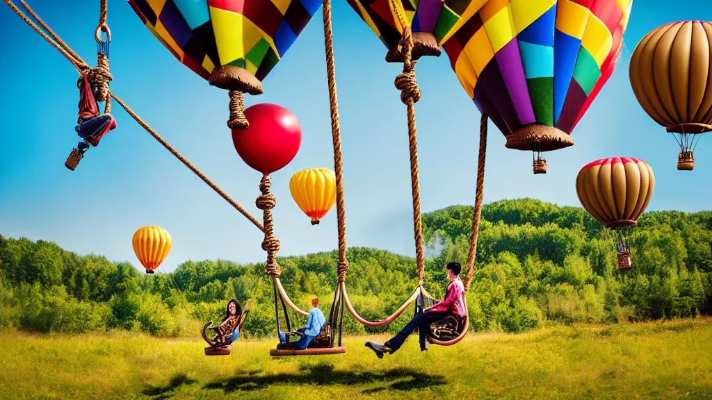 Image similar to large colorful steampunk balloons with people on rope swings underneath, flying high over the beautiful countryside landscape, professional photography, 8 0 mm telephoto lens, realistic, detailed
