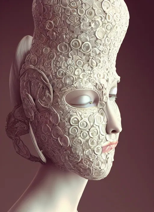 Prompt: closeup portrait a beautiful woman wearing a porcelain mask, moebius : 1 0, mark ryden : 5, popovy sisters : 1 0, intricate, hyperdetailed, bjd, trending on artstation : 3