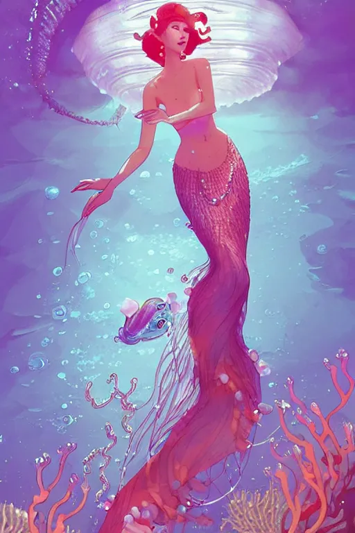 Image similar to a beautiful mermaid queen of the ocean in the middle of coral reefs, pearl and crystal jewelry, complex and shiny dress inspired by jellyfish, by ross tran and atey ghailan, by greg rutkowski, by greg tocchini, by james gilleard, by joe fenton, by kaethe butcher, dynamic lighting, grunge aesthetic