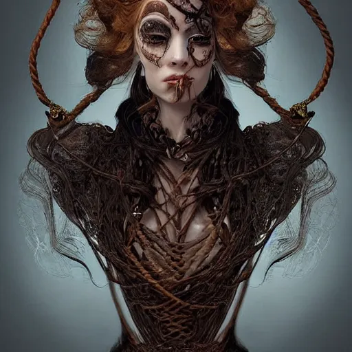 Image similar to portrait of a Shibari rope wrapped face and neck, headshot, insanely nice professional hair style, dramatic hair color, digital painting, of a old 18th century, Royal Emperor, facial tattoos, amber jewels, baroque, ornate clothing, scifi, realistic, hyperdetailed, chiaroscuro, concept art, art by Franz Hals and Jon Foster and Ayami Kojima and Amano and Karol Bak,