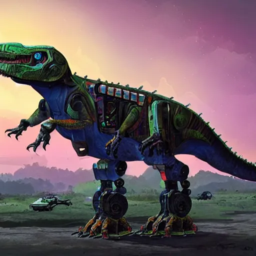 Image similar to a character art rendering of a robot T-rex made of mechanical parts, cartoonish psychedelic paleoart rendering, realistic dinosaur cyborg in the style of simon stålenhag, made with zbrush