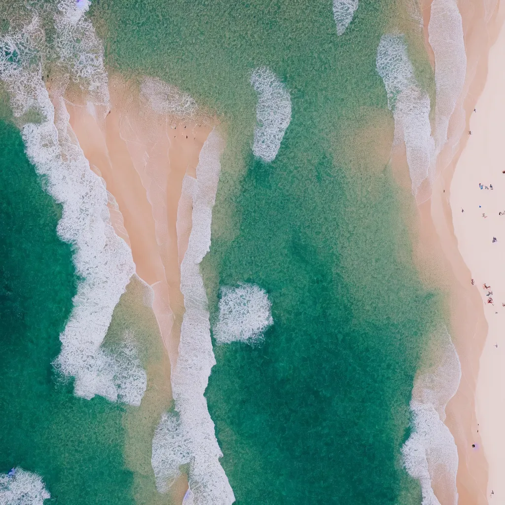 Prompt: top - down view of a symmetrical seafront beach with white sand and waves, 8 k, high detail, photorealistic, proper shading