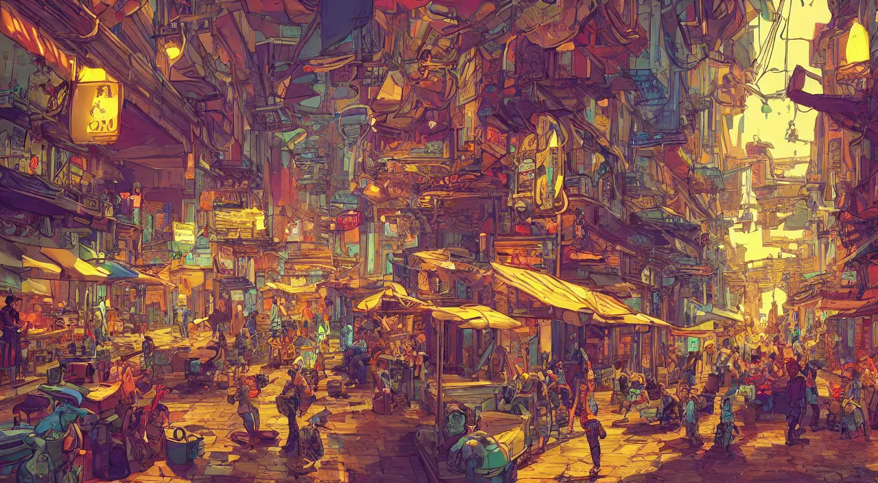 Image similar to bazaar zouk oriantal full color sky shine place mosquet painting stylized digital illustration video game icon global illumination ray tracing that looks like it is from borderlands and by feng zhu and loish and laurie greasley, victo ngai, andreas rocha, john harris