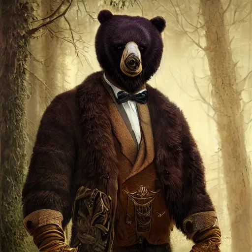 Image similar to Sad man in a bear masquerade mask, hyperrealism, no blur, 4k resolution, ultra detailed, style of Jonathan Solter, Peter Mohrbacher,Alexander Trufanov, Finnian MacManus, Ivan Shishkin