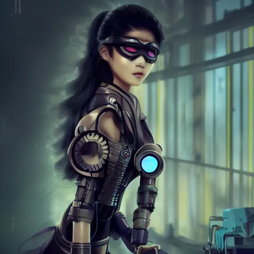 Image similar to concept art of asian female supermodel with robotic mask. steampunk vr googles. futuristic tokyo. anime and manga. comic style. artstation concept art, matte painting. ambient and neonoir mood.