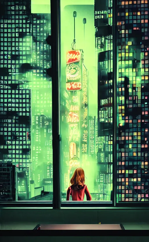 Image similar to realistic vertical photo, girl in 7 0's retro club, editorial, fashion, neon - decorated urban on night in the city seen through window, realistic, modern design, vintage, night, blade runner, dark, clean lines, asian futuristic city at distance, big windows, octane, wide angle